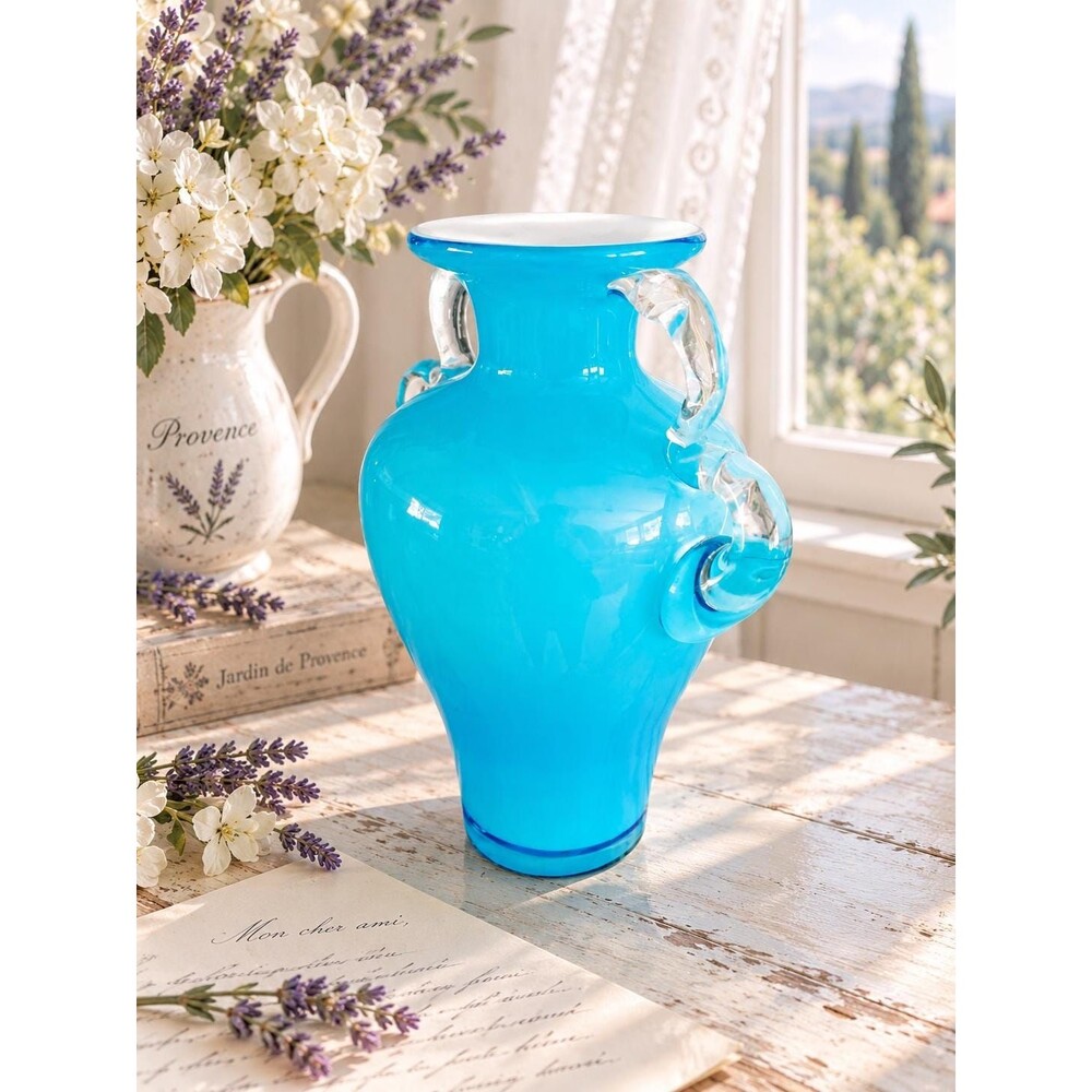 Vintage Turquoise Blue Art Glass Vase with Clear Applied Handles – 8”